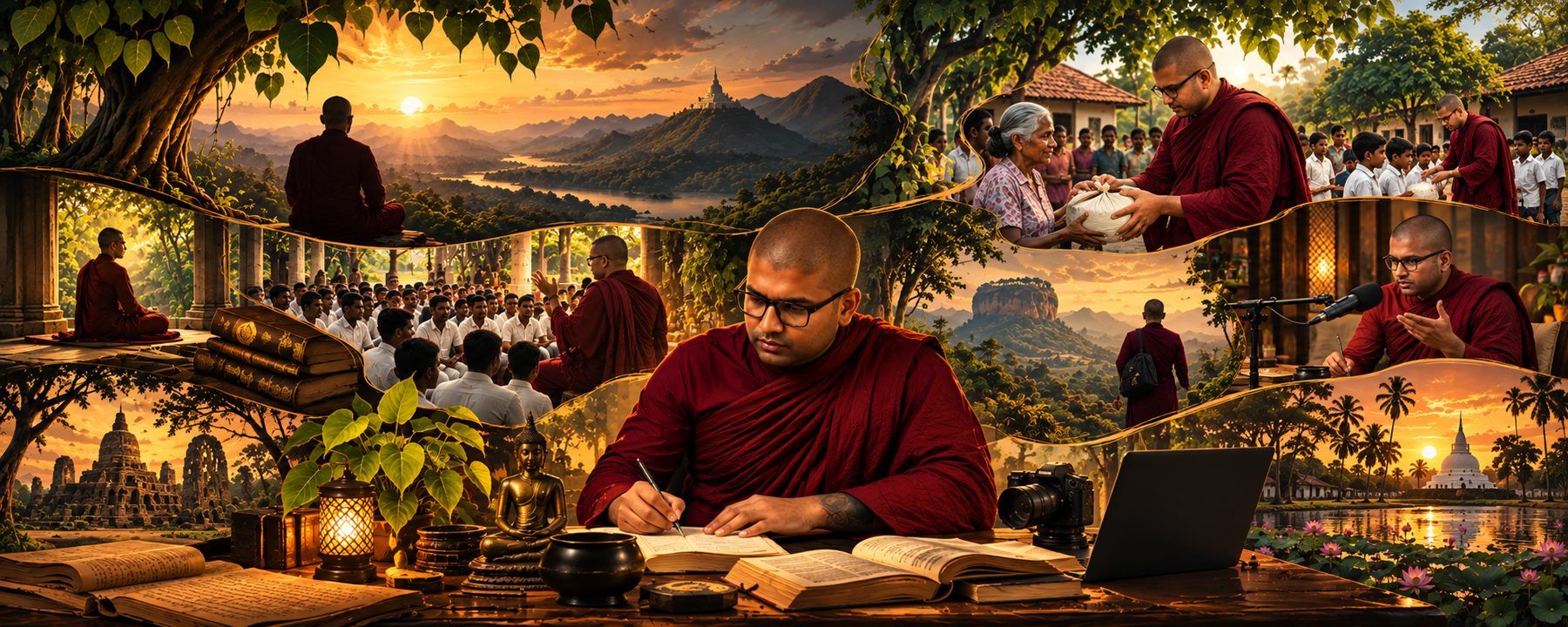 Hand-painted documentary artwork: a monk in meditation beneath a bodhi tree at sunset, teaching students, offering aid to villagers, broadcasting at a microphone and writing at a desk among palm-leaf manuscripts.