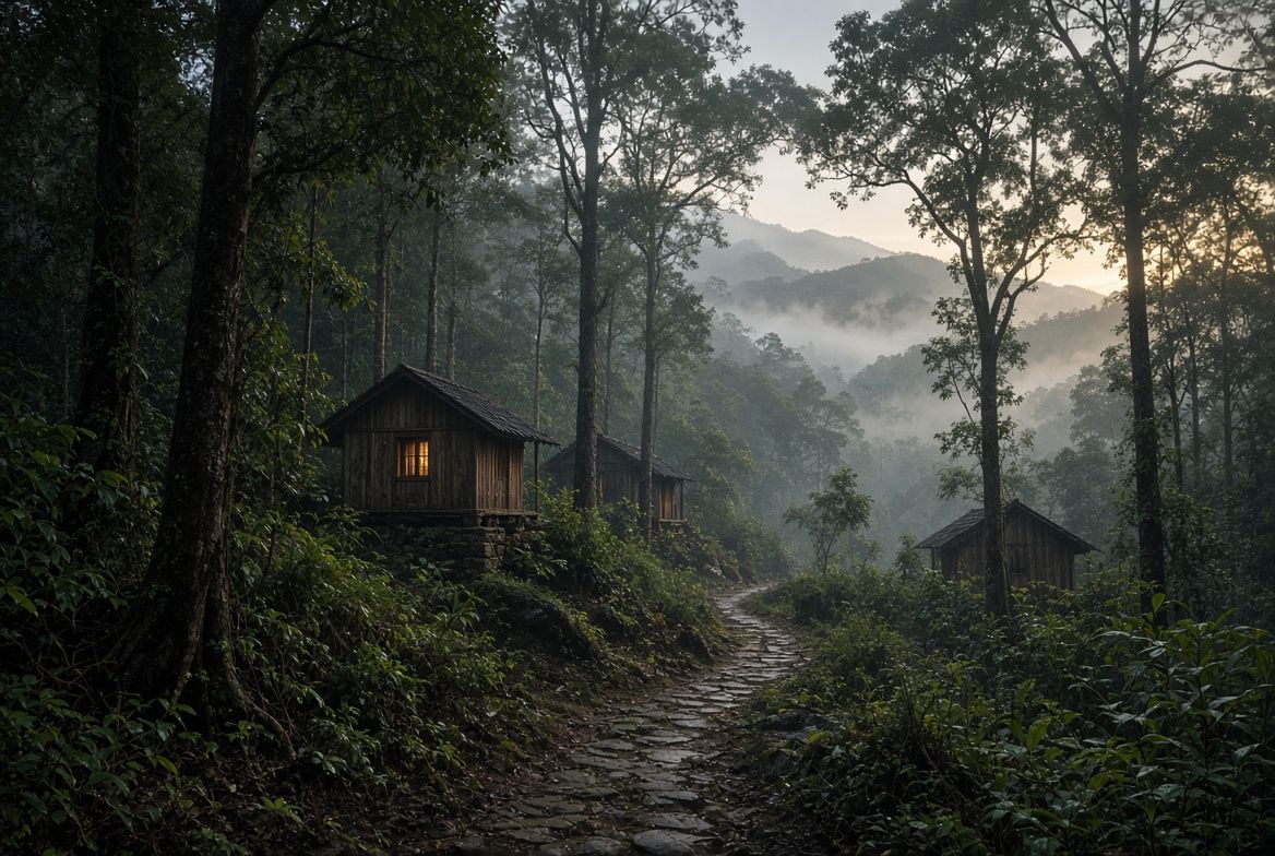 Simple wooden kutis on a misted forest hillside, a stone path between them.