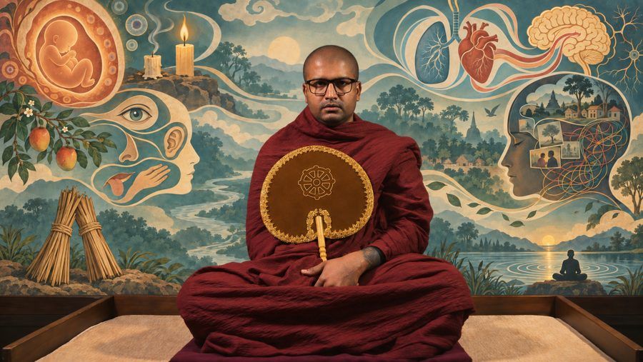 The Venerable seated in meditation before a painted teaching mural: birth, the senses, the body, memory, and a village beneath one sky.