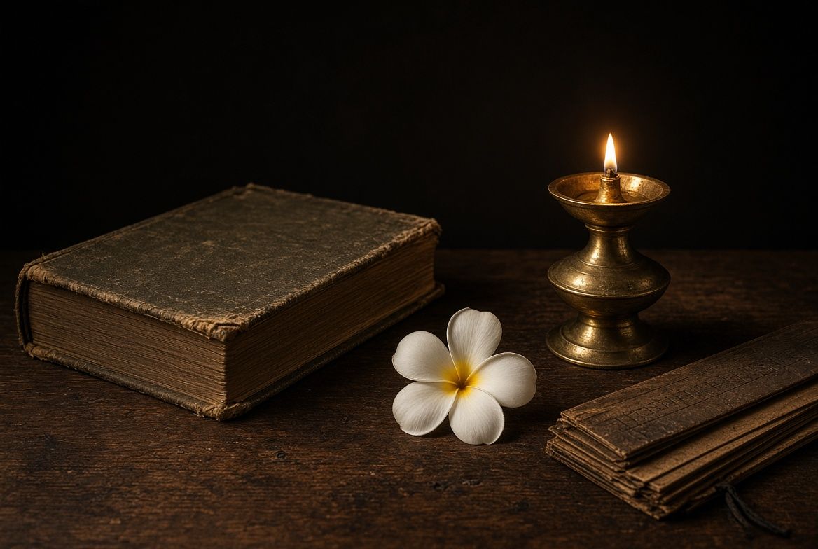 A worn book, a brass oil lamp, a temple flower and palm-leaf manuscripts on dark wood.