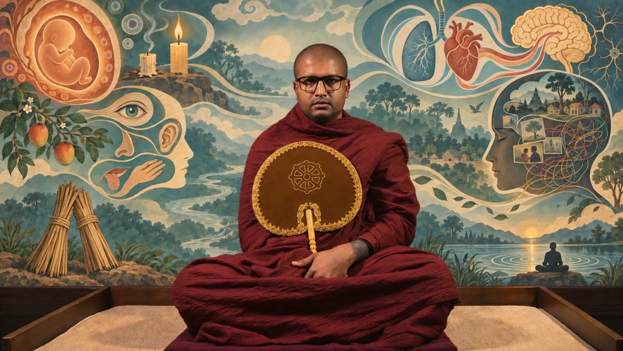 Ven. Imaduwe Nandarathana Thero seated before a teaching mural